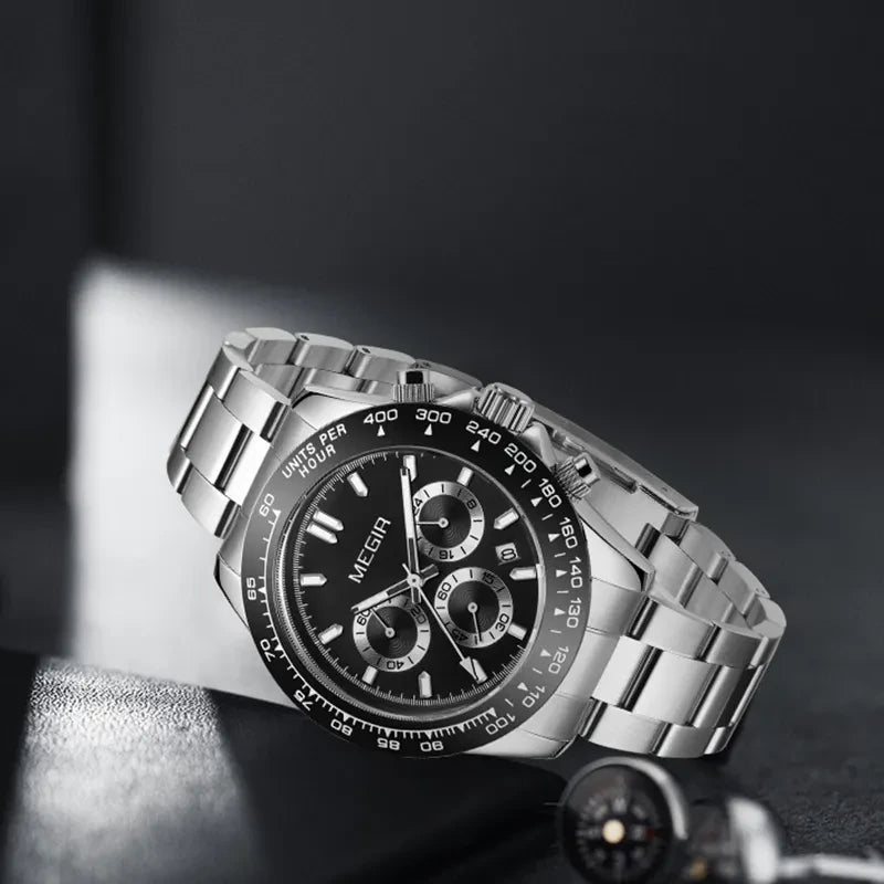 Megir MN8104GGD-BK-3 Chronograph Quartz Silver Stainless Steel Chain Men’s watch
