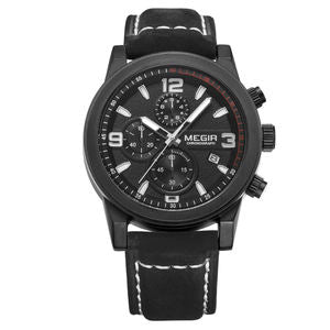 Megir M-2026 Quartz Chronograph Black Genuine Leather Strap Men’s watch