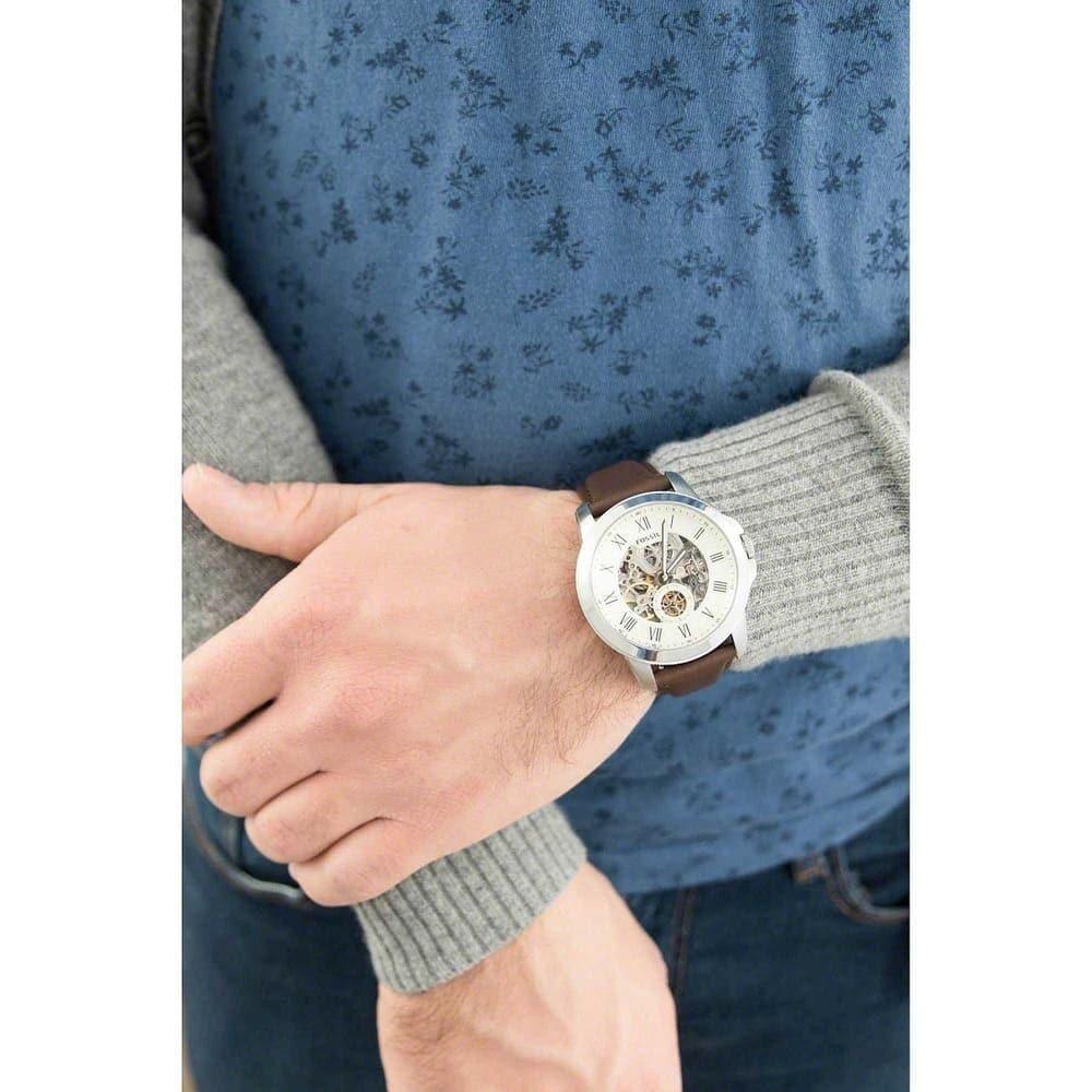 Fossil Grant ME3052 Automatic Skeleton Cream Dial Stainless Steel Genuine Leather Men’s Watch