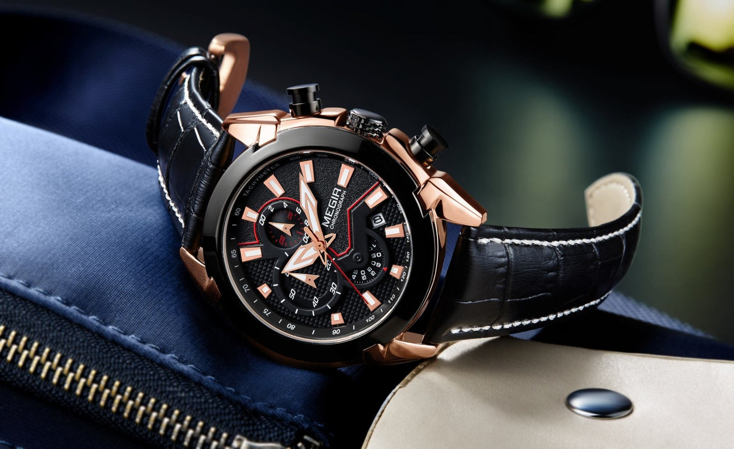 Megir ML2065GRE-BK-1N0 Chronograph Quartz Black Genuine Leather Men’s watch