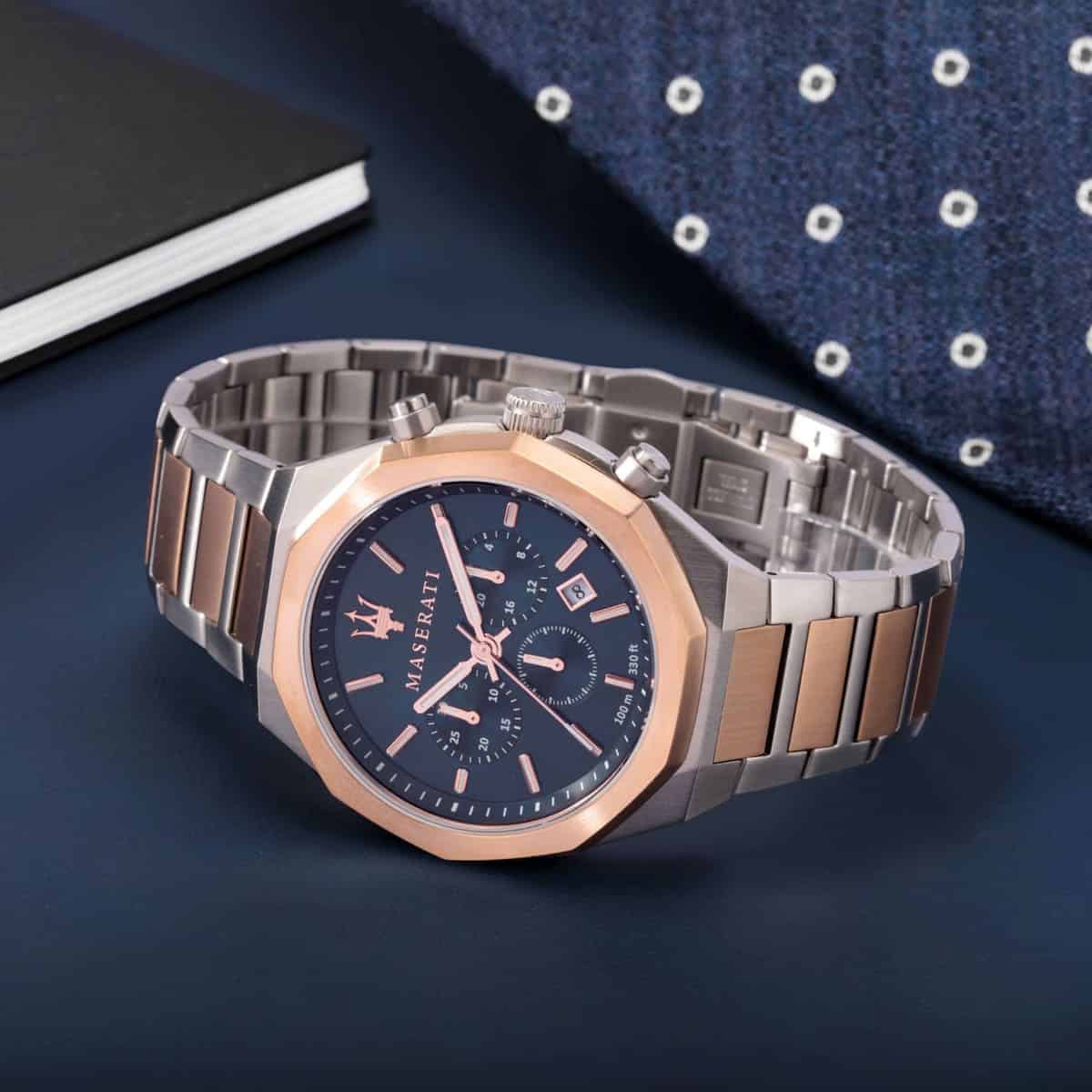 Maserati Stile R8873642002 Chronograph Quartz Blue Dial Two-Tone Stainless Steel Chain Men’s Watch