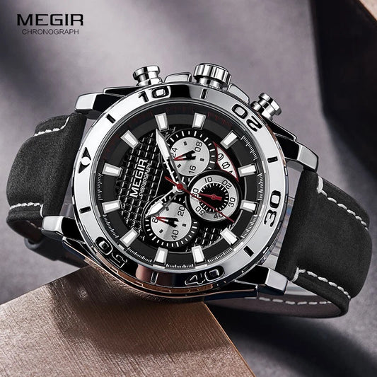 Megir M-2094 Quartz Chronograph Black Genuine Leather Men’s watch