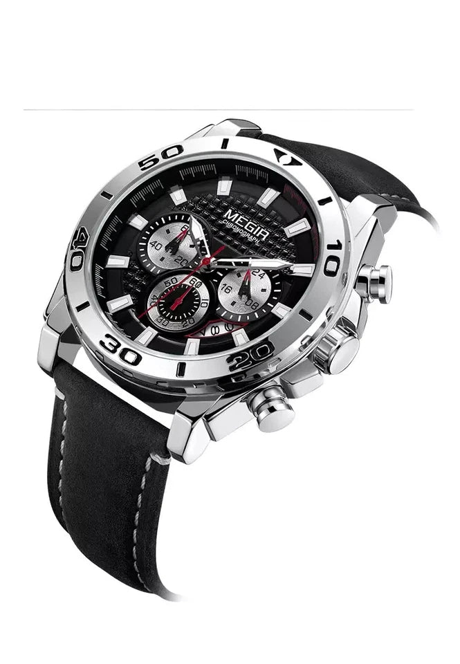 Megir M-2094 Quartz Chronograph Black Genuine Leather Men’s watch