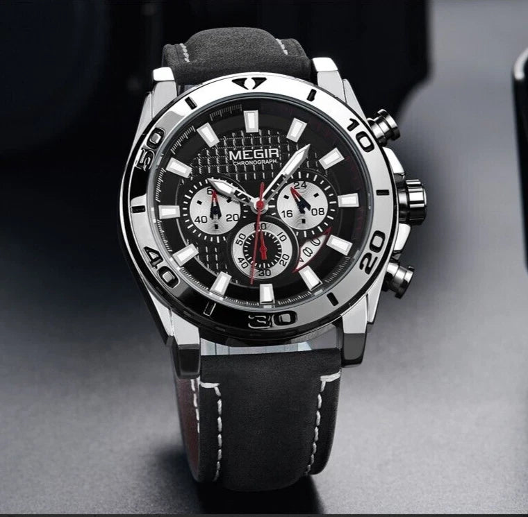 Megir M-2094 Quartz Chronograph Black Genuine Leather Men’s watch