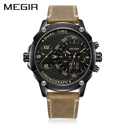 Megir M- 2093 Quartz Dual Time Black Dial Genuine Leather Strap Men’s watch