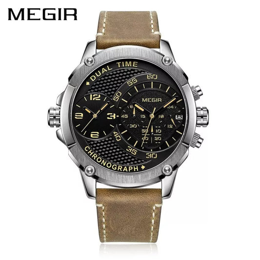 Megir M- 2093 Quartz Dual Time Silver Dial Genuine Leather Strap Men’s watch