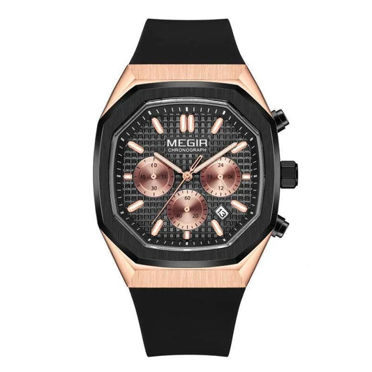 Megir 2215 Quartz Chronograph Black Dial Rose Gold Case Silicon Strap  Men’s watch