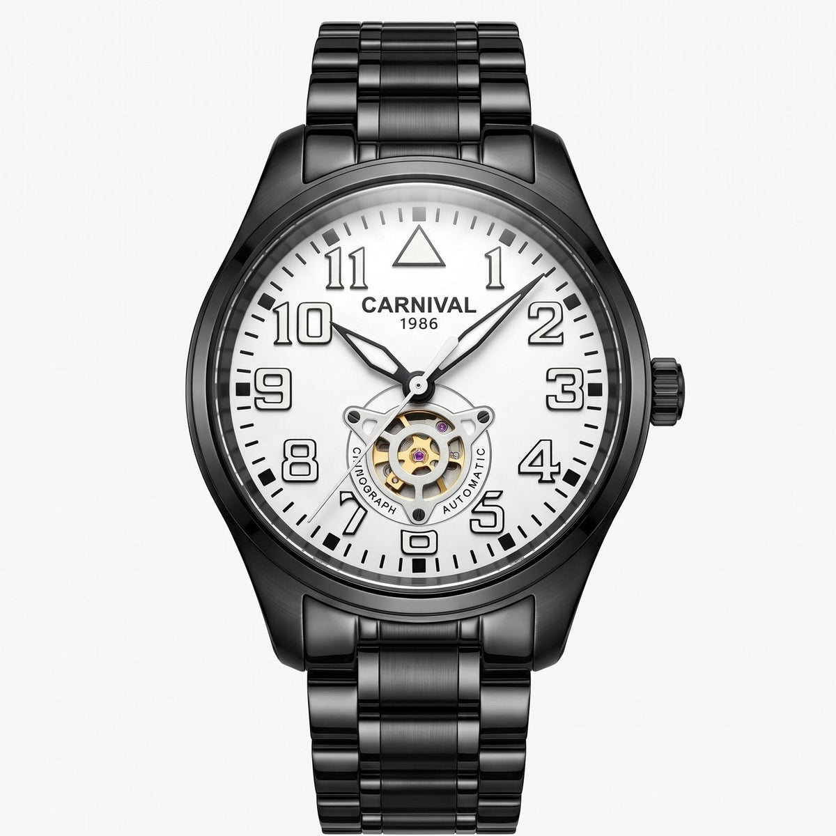 Carnival 8810G Series Automatic Open-Heart White Dial Full-Black Tone Stainless Steel Chain Men’s Watch