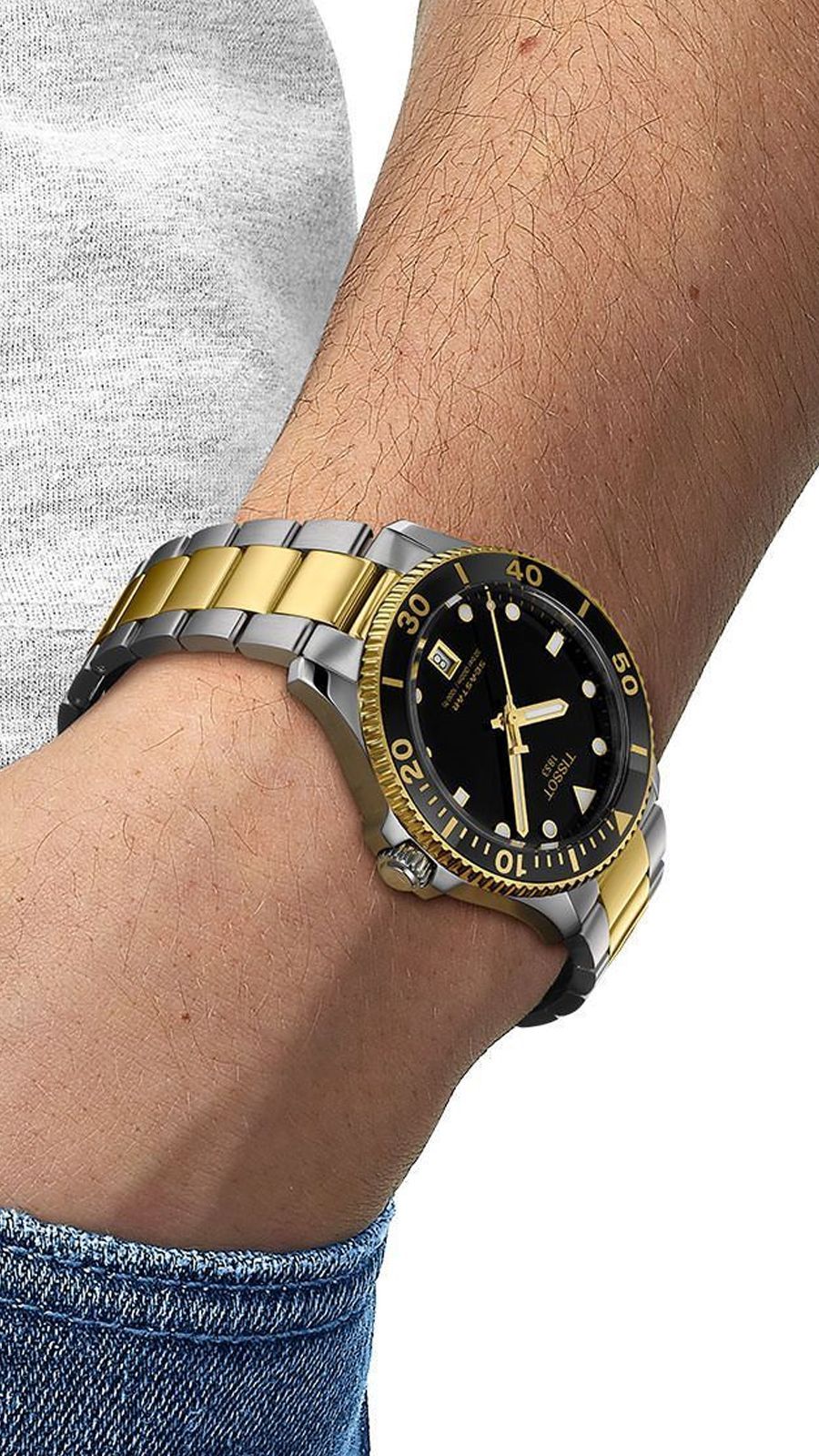 Tissot Seastar 1000 T-Sport Black Dial Quartz Silver-Gold Tone Stainless Steel Chain Men’s Watch