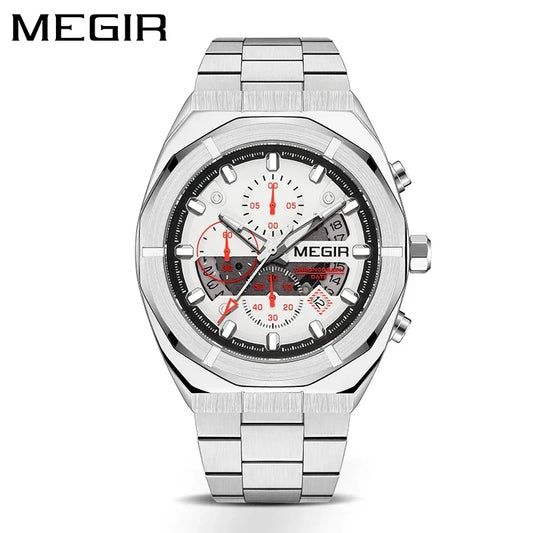 Megir 2225 Quartz Chronograph White Dial Stainless Steel Chain  Men’s watch