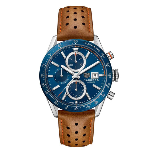 Tag Heuer Carrera Calibre 16 Chronograph Quartz Blue Dial Genuine Leather Strap Men’s Watch