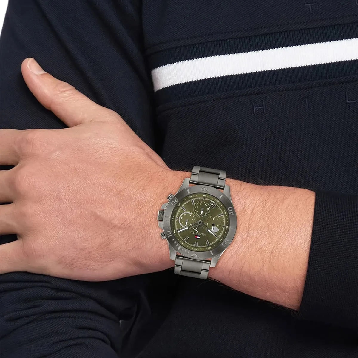 Tommy Hil-figer Bryan TH1792115 Green Dial Chronograph Quartz Stainless Steel Chain Men’s Watch