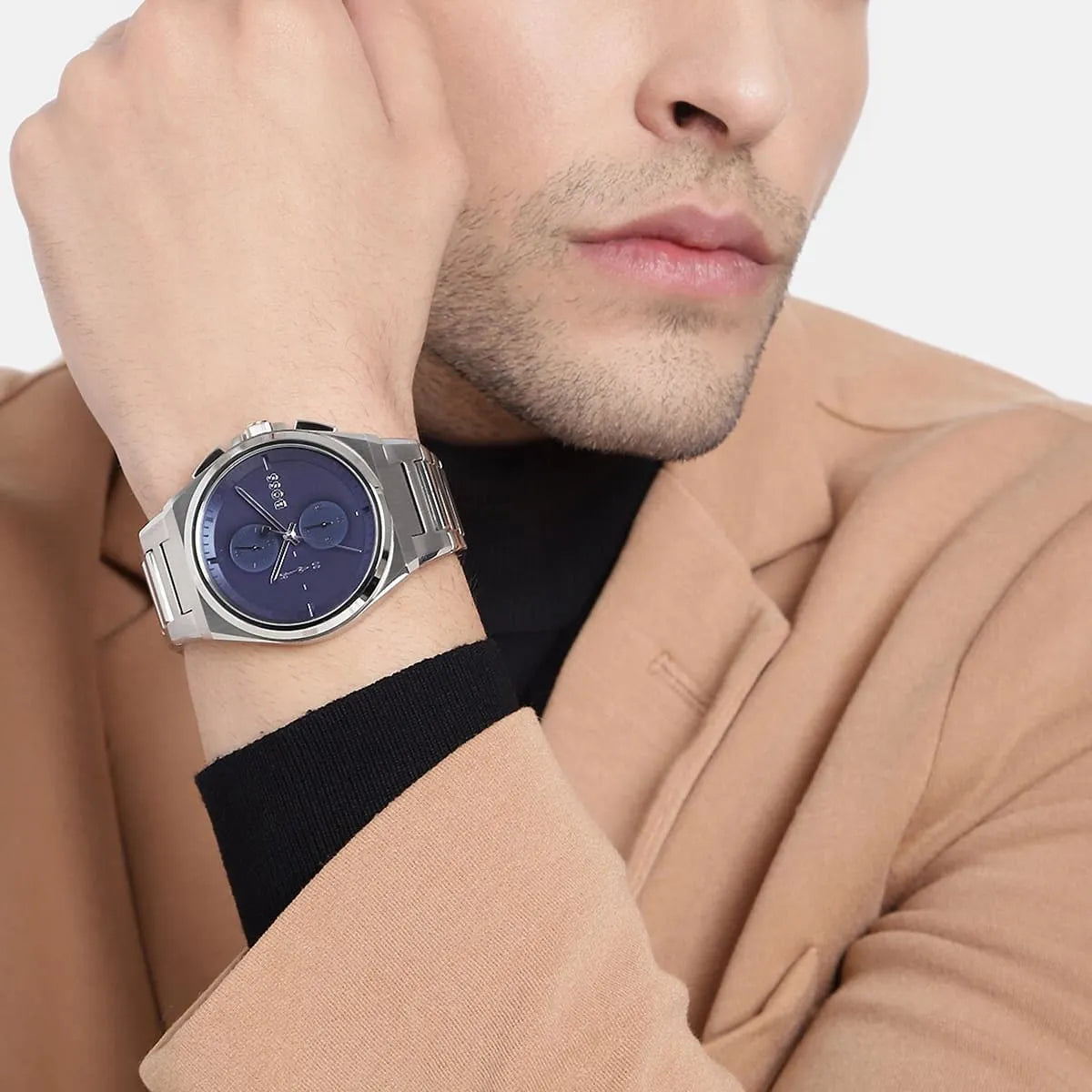 Hugo Boss HB1514048 Chronograph Quartz Silver Tone Blue Dial Stainless Steel Chain Men’s Watch
