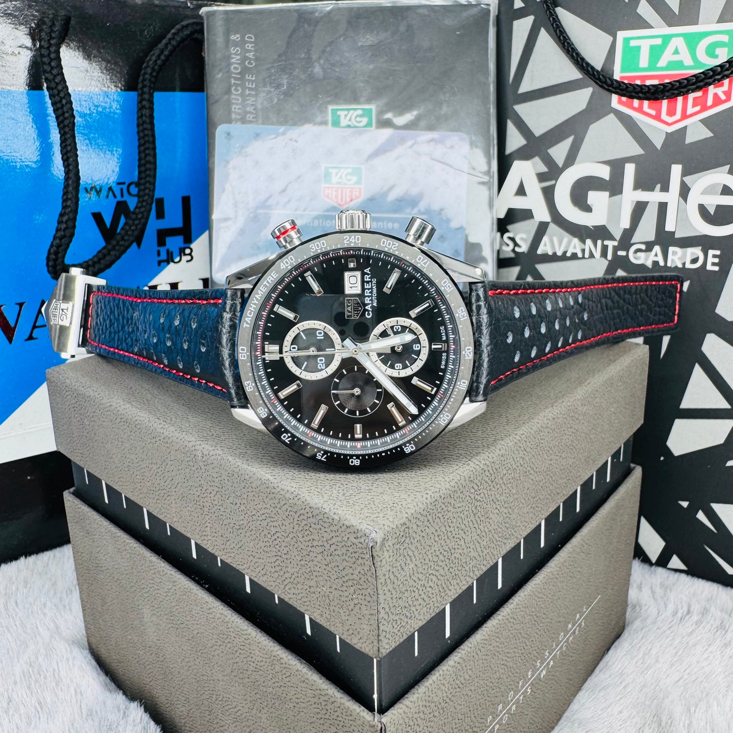 Tag Heuer Carrera Calibre 16 Chronograph Quartz Black Dial Genuine Leather Strap Men’s Watch