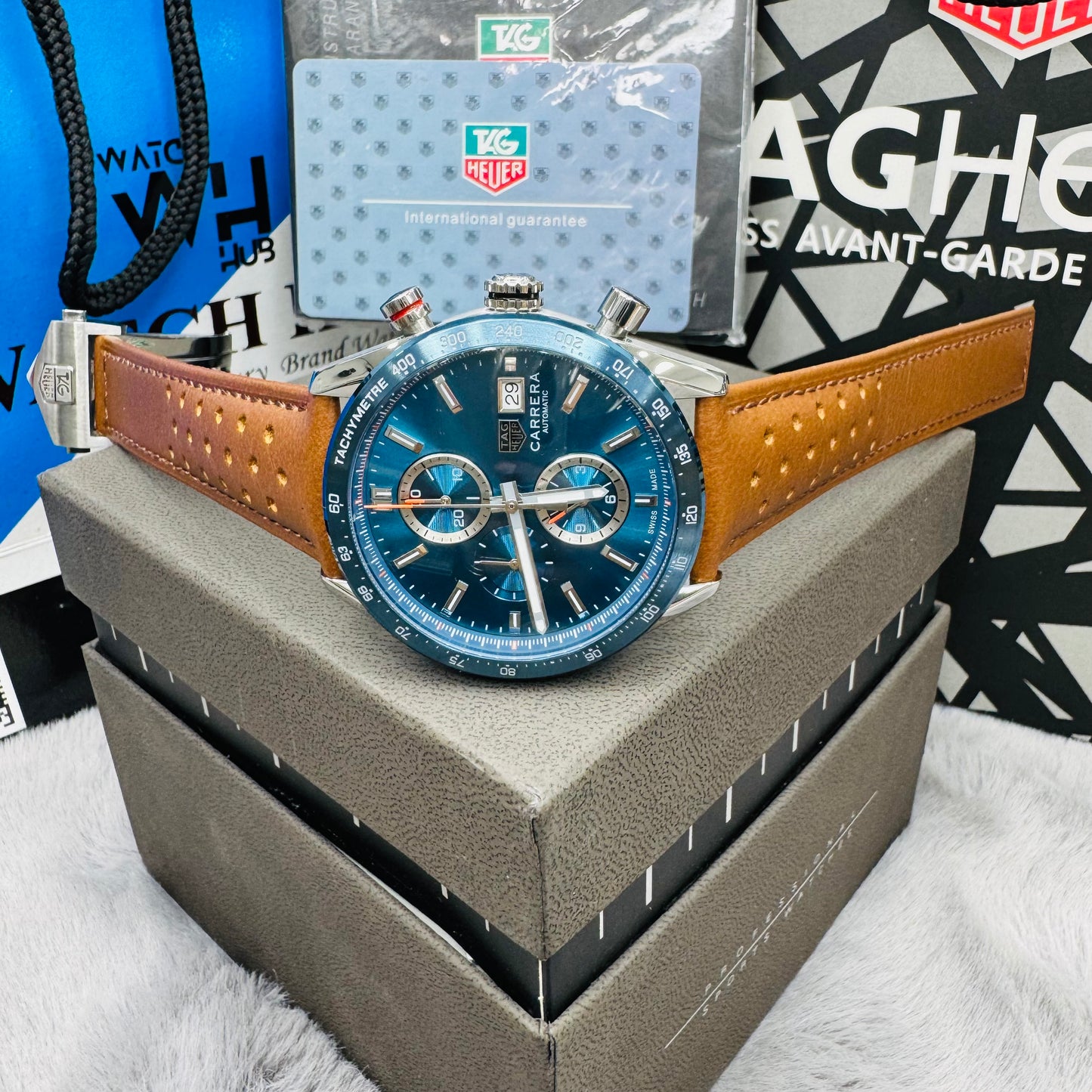 Tag Heuer Carrera Calibre 16 Chronograph Quartz Blue Dial Genuine Leather Strap Men’s Watch