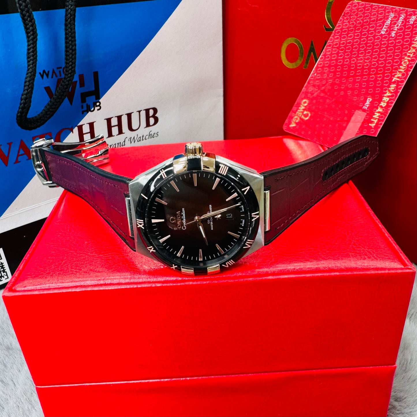 Omega Constellation Co-Axial Master Chronometer Automatic Burgundy Color Leather Strap Men's Watch