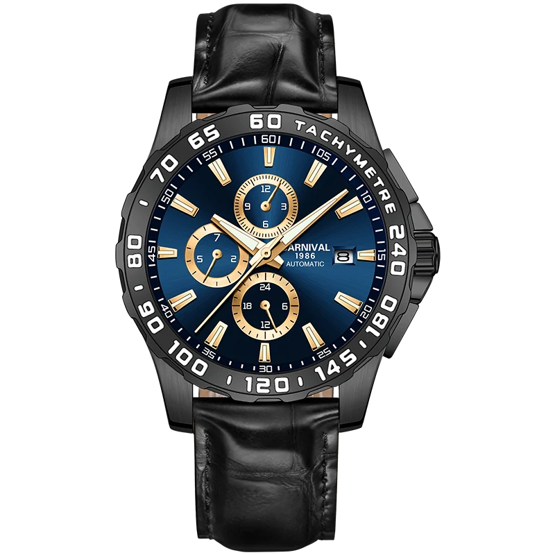Carnival 8868g Series Chronograph Automatic Blue Dial Stainless Steel Genuine Leather Strap Men’s Watch