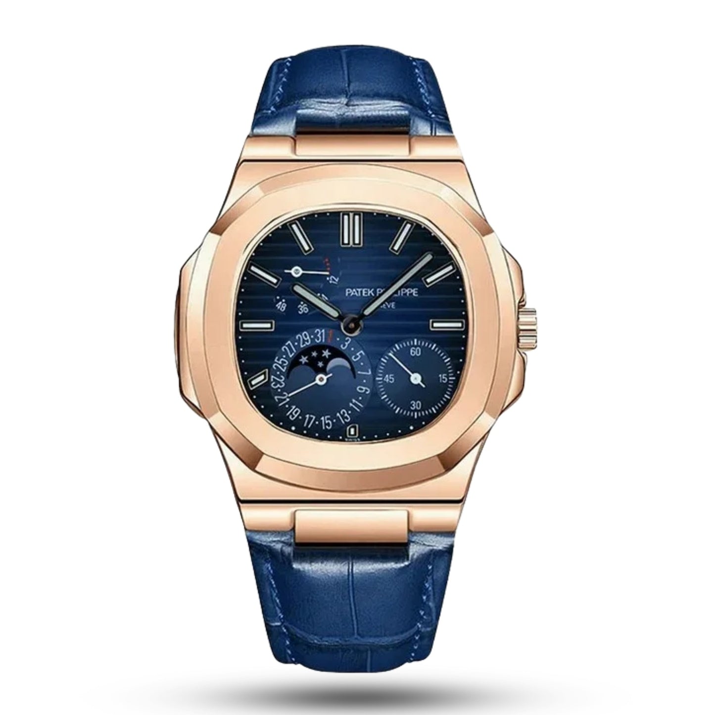 Patek Philippe Nautilus 5712 Automatic Rose Gold Blue Dial Stainless Steel Case Genuine Leather Strap Men's Watch