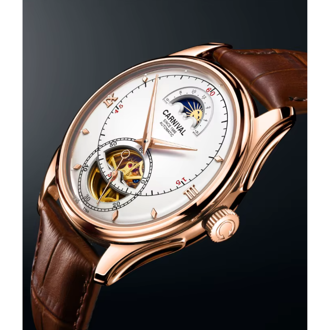 Carnival 7750g Open Heart Moon-phase Automatic White Dial Stainless Steel Genuine Leather Strap Men’s Watch