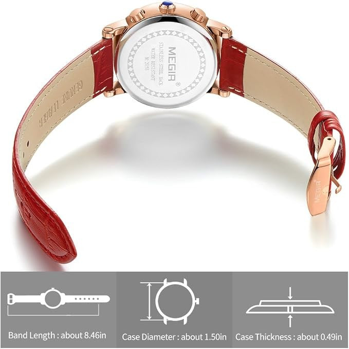 Megir ML2058LRERD-7N0 Chronograph Quartz Red Genuine Leather Strap Women’s watch