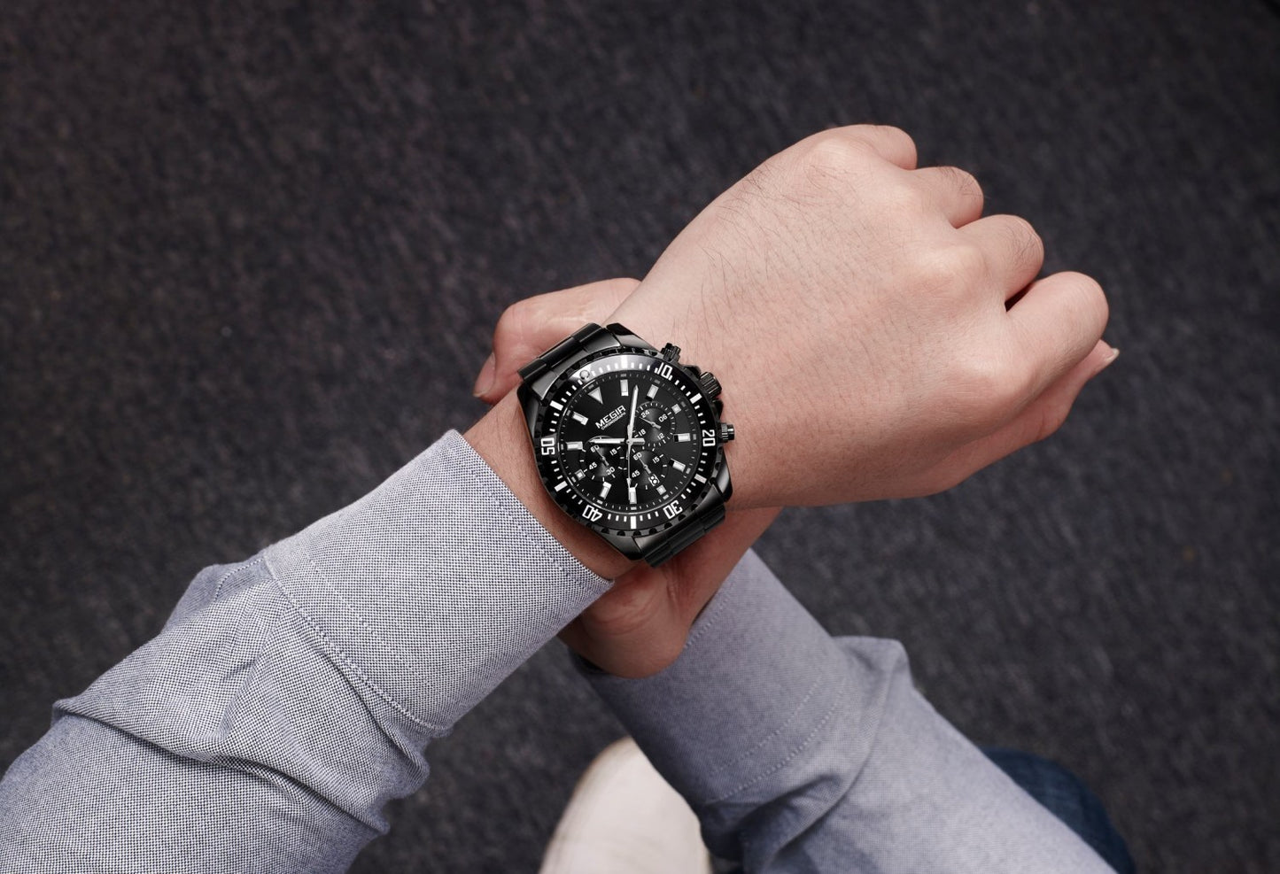 Megir MS2064G-BK-1 Chronograph Quartz Black Stainless Steel Chain Men’s watch
