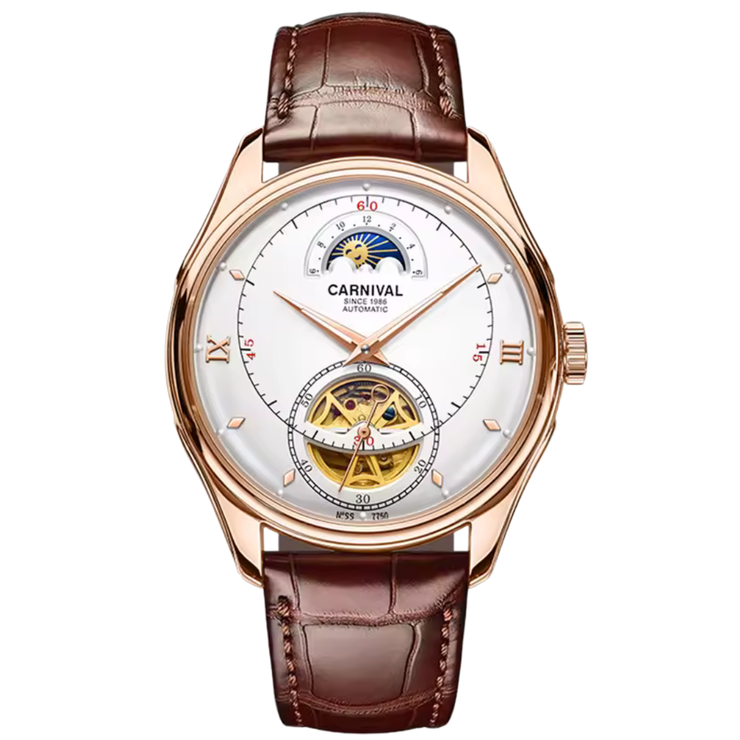 Carnival 7750g Open Heart Moon-phase Automatic White Dial Stainless Steel Genuine Leather Strap Men’s Watch