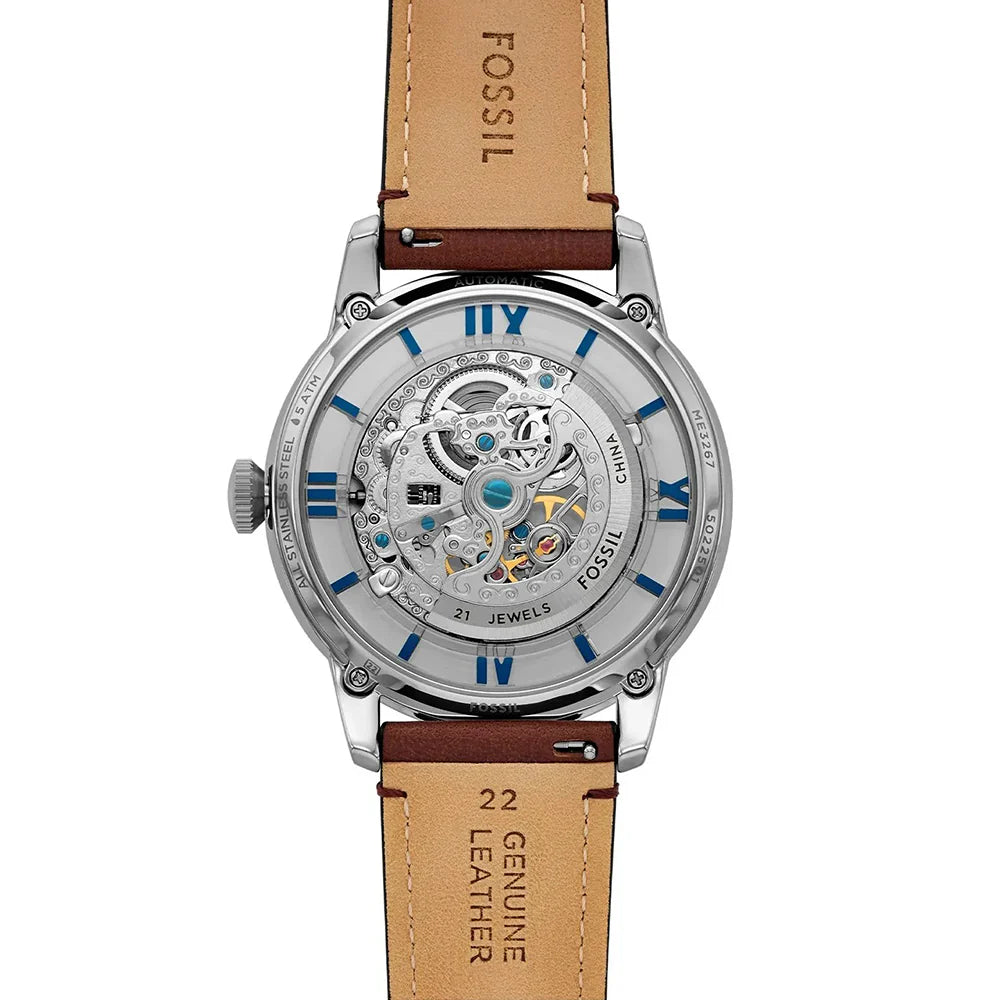 Fossil Townsman ME3267 Automatic Skeleton Dial Stainless Steel Genuine Leather Strap Men’s Watch