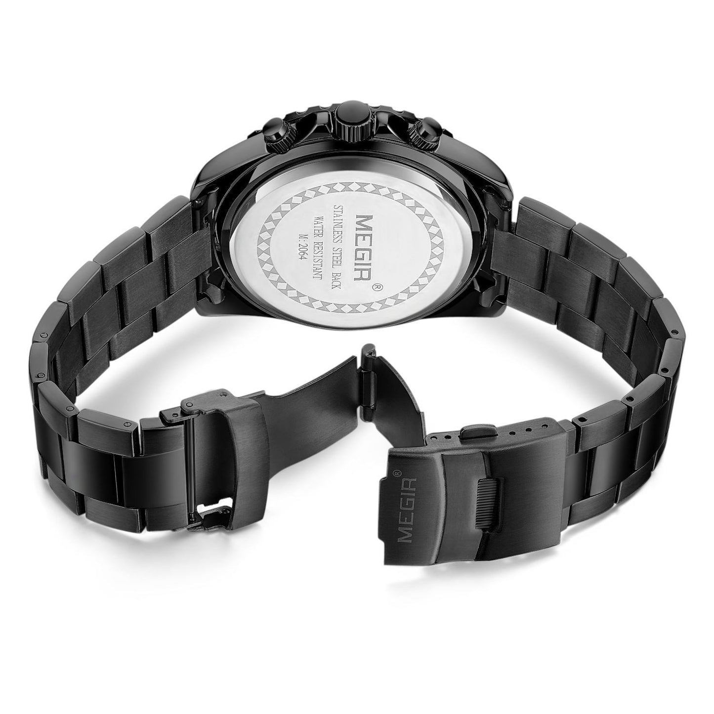 Megir MS2064G-BK-1 Chronograph Quartz Black Stainless Steel Chain Men’s watch