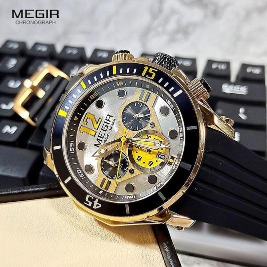 Megir MN2206GS-GN-1N0 2206 Chronograph Quartz Dualtone Gold & Black Silicone Strap Men’s watch