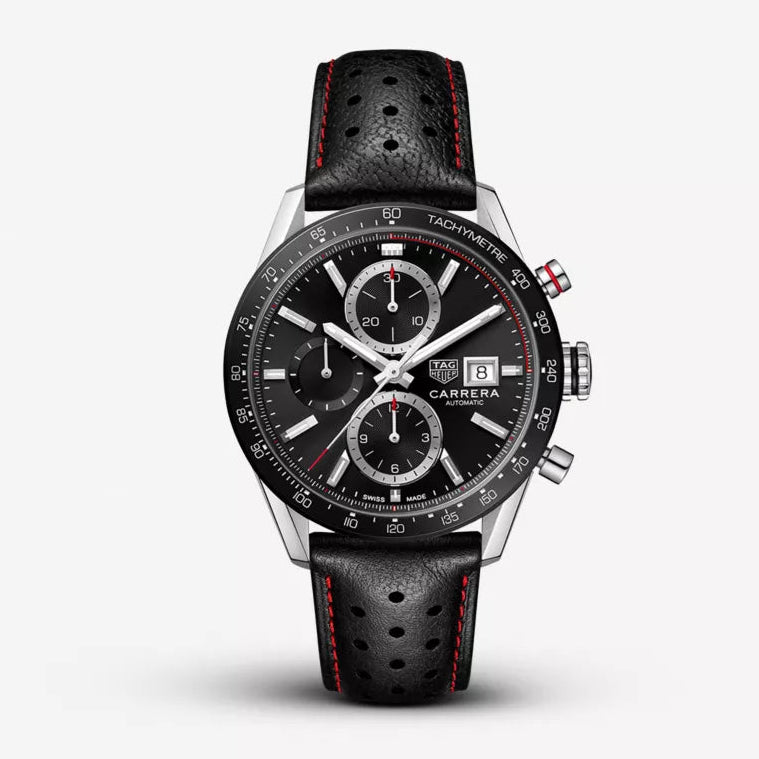 Tag Heuer Carrera Calibre 16 Chronograph Quartz Black Dial Genuine Leather Strap Men’s Watch