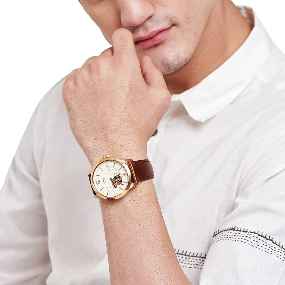 Fossil Townsman ME3105 White Dial Automatic Genuine Leather Strap Men’s Watch