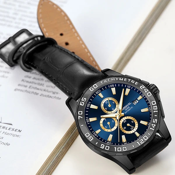 Carnival 8868g Series Chronograph Automatic Blue Dial Stainless Steel Genuine Leather Strap Men’s Watch