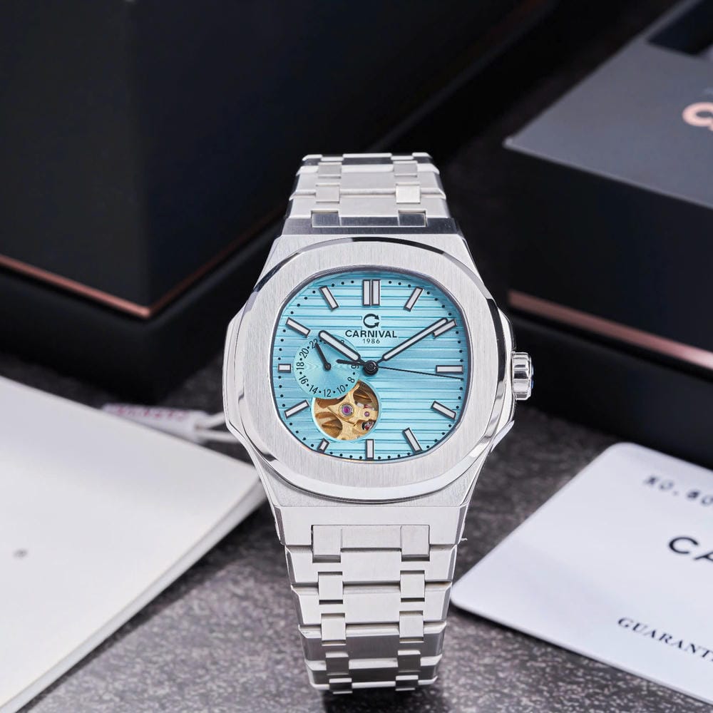 Carnival 8159G Automatic "Tiffany Blue" Open-Heart Dial Silver Tone Stainless Steel Chain Men’s Watch