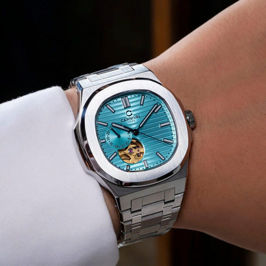 Carnival 8159G Automatic "Tiffany Blue" Open-Heart Dial Silver Tone Stainless Steel Chain Men’s Watch