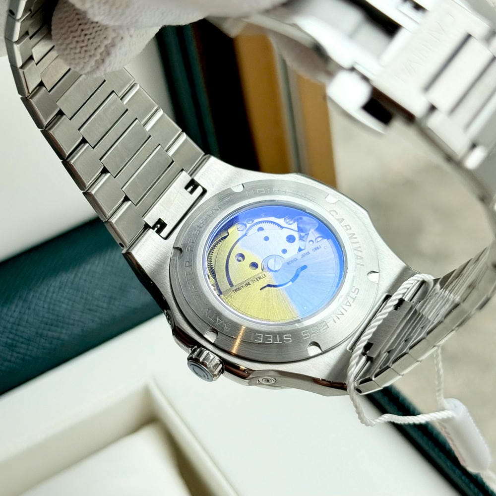 Carnival 8179G Automatic Moon-Phase Blue Dial Silver Tone Stainless Steel Chain Men’s Watch