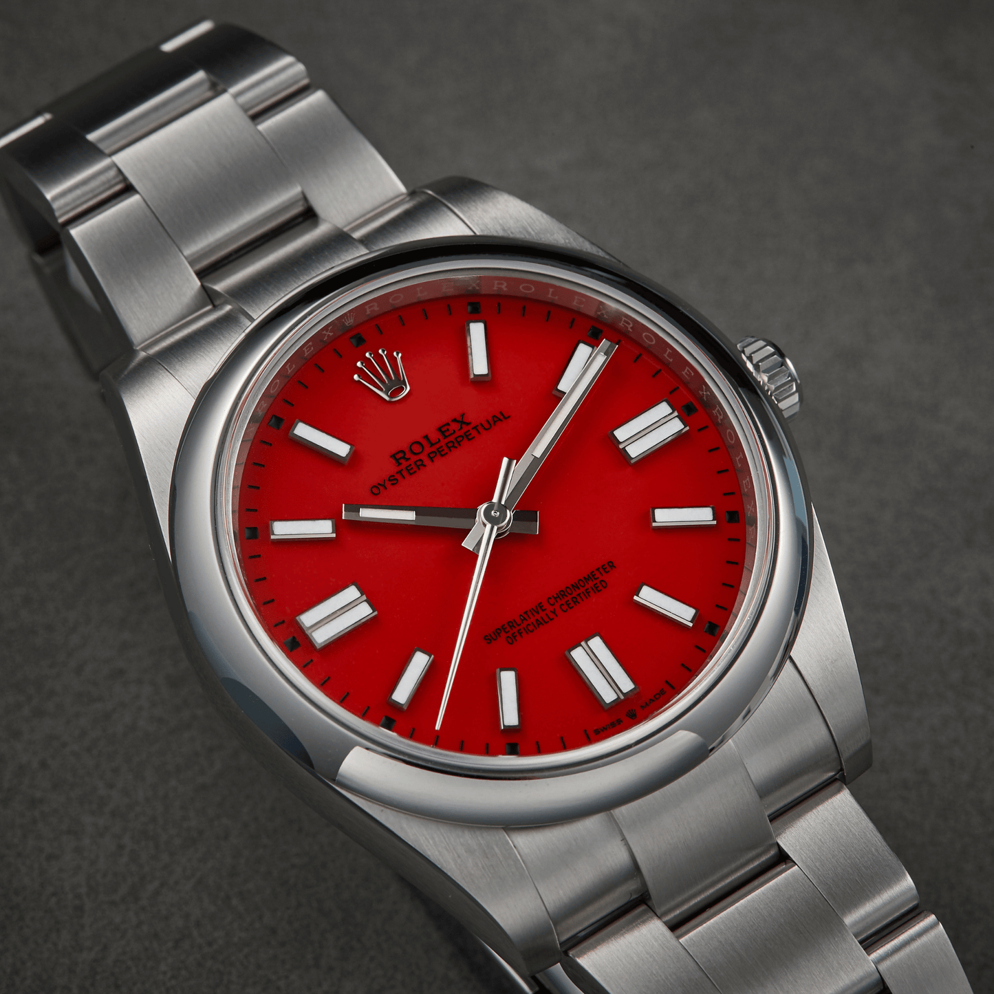 Rolex Oyster Perpetual  Automatic Full Silver Color With Red Dial Stainless Steel Chain Men’s Watch