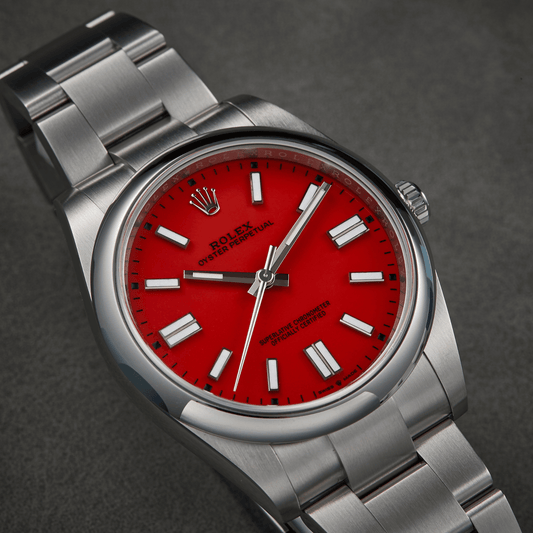 Rolex Oyster Perpetual  Automatic Full Silver Color With Red Dial Stainless Steel Chain Men’s Watch