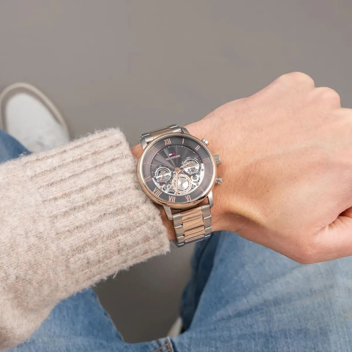 Tommy Hil-figer LEGEND TH1710570 Quartz Skeleton Dual-Tone Stainless Steel Chain Men’s Watch