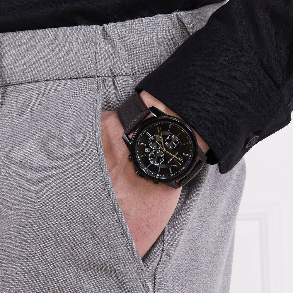 Armani Exchange Outerbanks AX1732 Chronograph Quartz Black Dial Genuine Leather Strap Men’s Watch