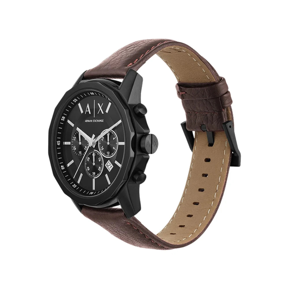 Armani Exchange Outerbanks AX1732 Chronograph Quartz Black Dial Genuine Leather Strap Men’s Watch