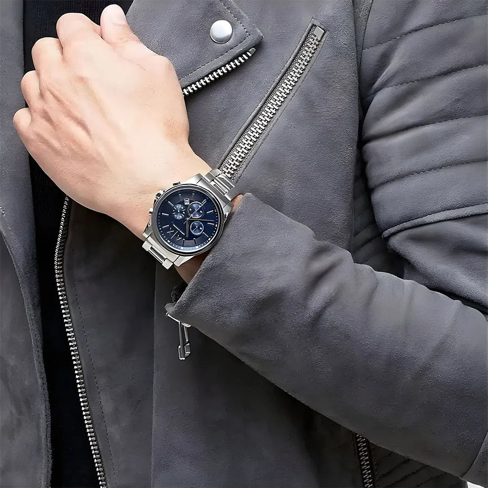 Armani Exchange Outerbanks AX2509 Chronograph Quartz Blue Dial Silver-Tone Stainless Steel Chain Men’s Watch