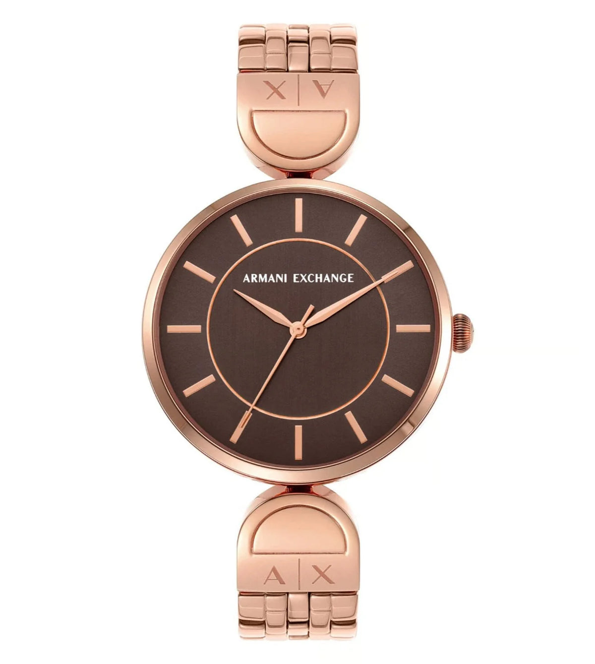 Armani Exchange Brooke AX5384 Quartz Brown Dial Rose Gold-Tone Stainless Steel Chain Lady’s Watch