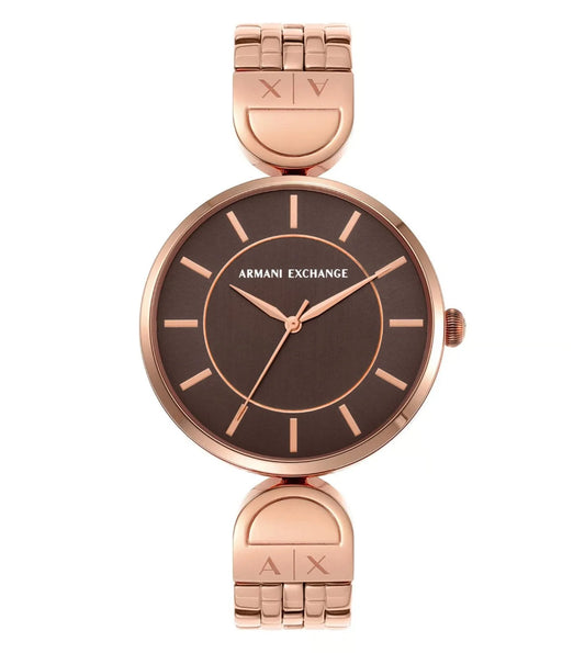 Armani Exchange Brooke AX5384 Quartz Brown Dial Rose Gold-Tone Stainless Steel Chain Lady’s Watch