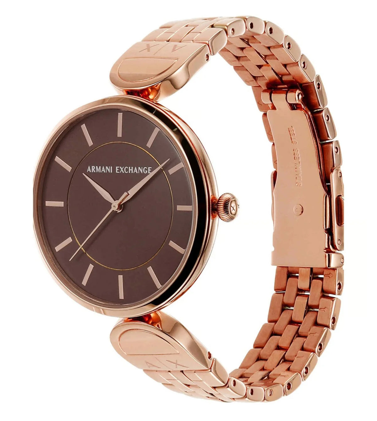 Armani Exchange Brooke AX5384 Quartz Brown Dial Rose Gold-Tone Stainless Steel Chain Lady’s Watch