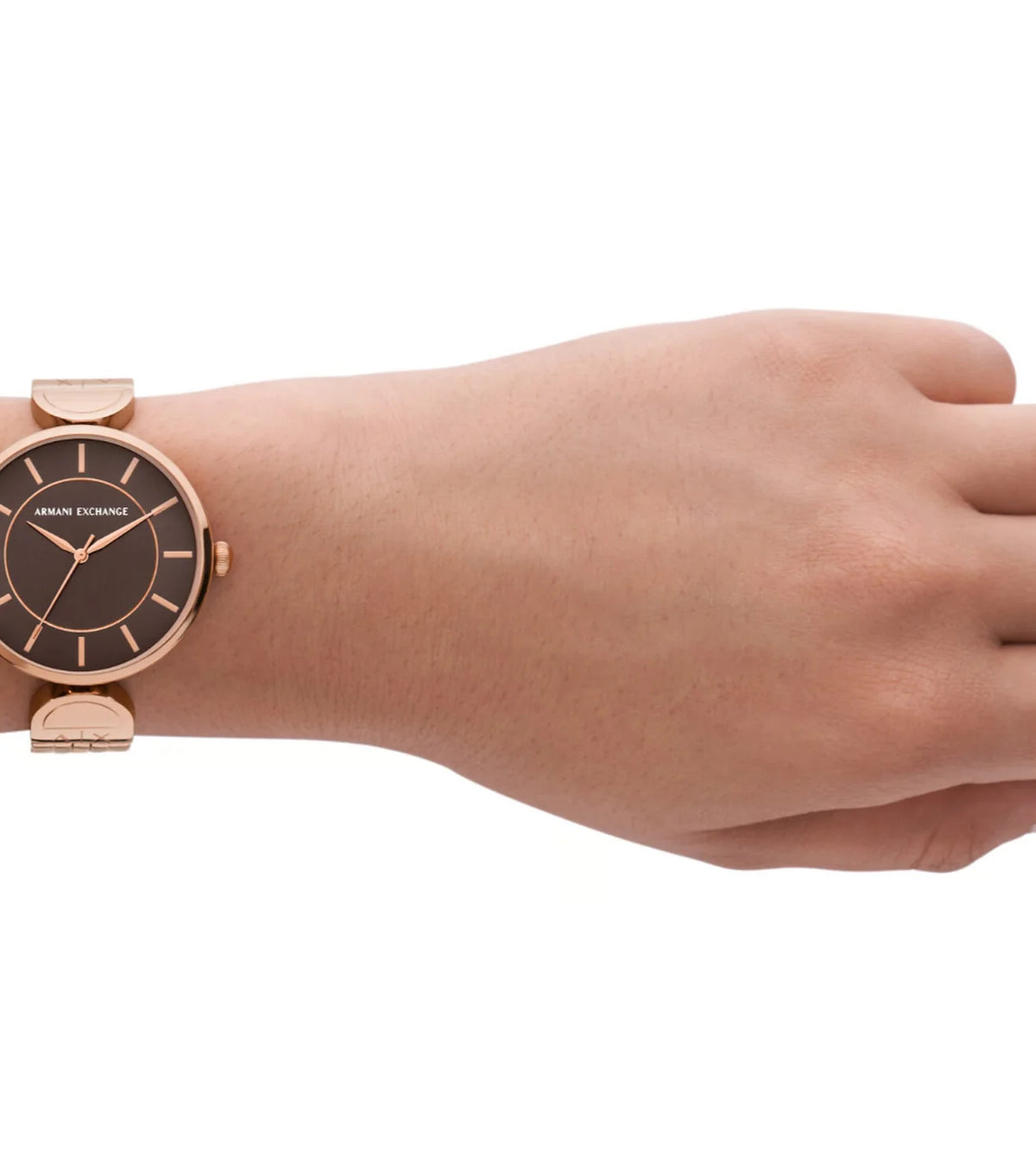Armani Exchange Brooke AX5384 Quartz Brown Dial Rose Gold-Tone Stainless Steel Chain Lady’s Watch