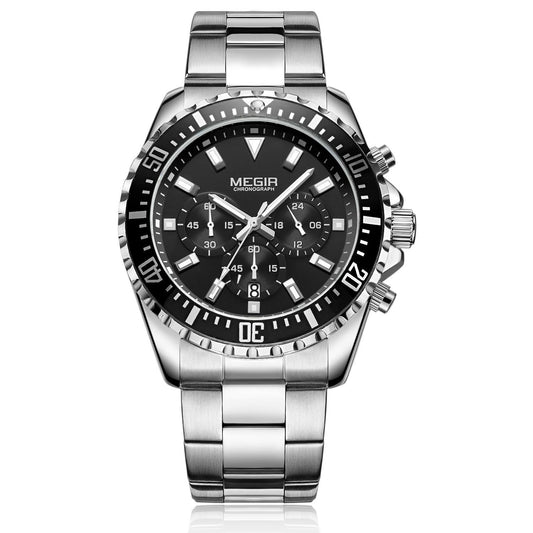 Megir MS2064G-1 Chronograph Quartz Silver Black Stainless Steel Chain Men’s watch