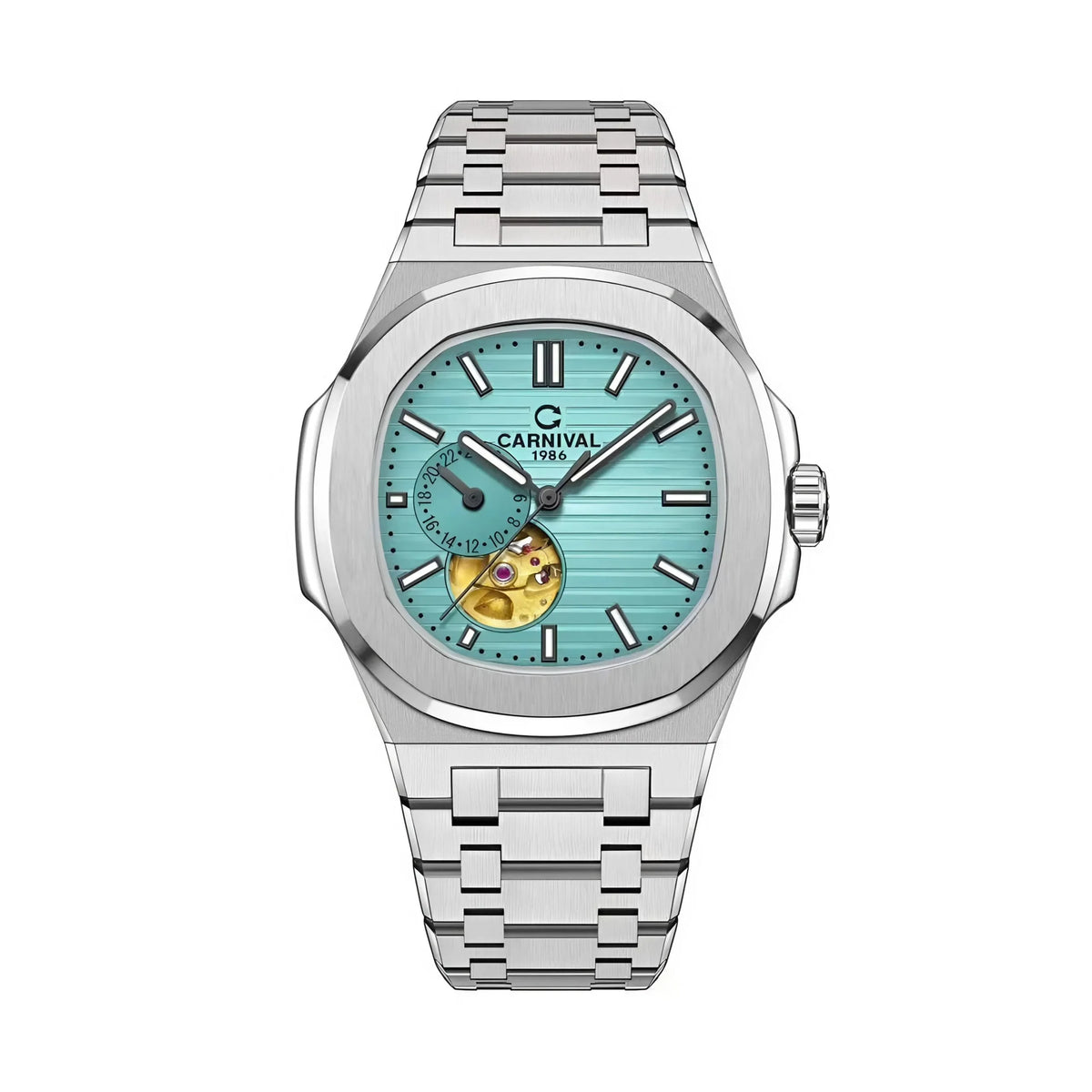 Carnival 8159G Automatic "Tiffany Blue" Open-Heart Dial Silver Tone Stainless Steel Chain Men’s Watch