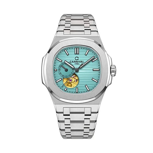 Carnival 8159G Automatic "Tiffany Blue" Open-Heart Dial Silver Tone Stainless Steel Chain Men’s Watch