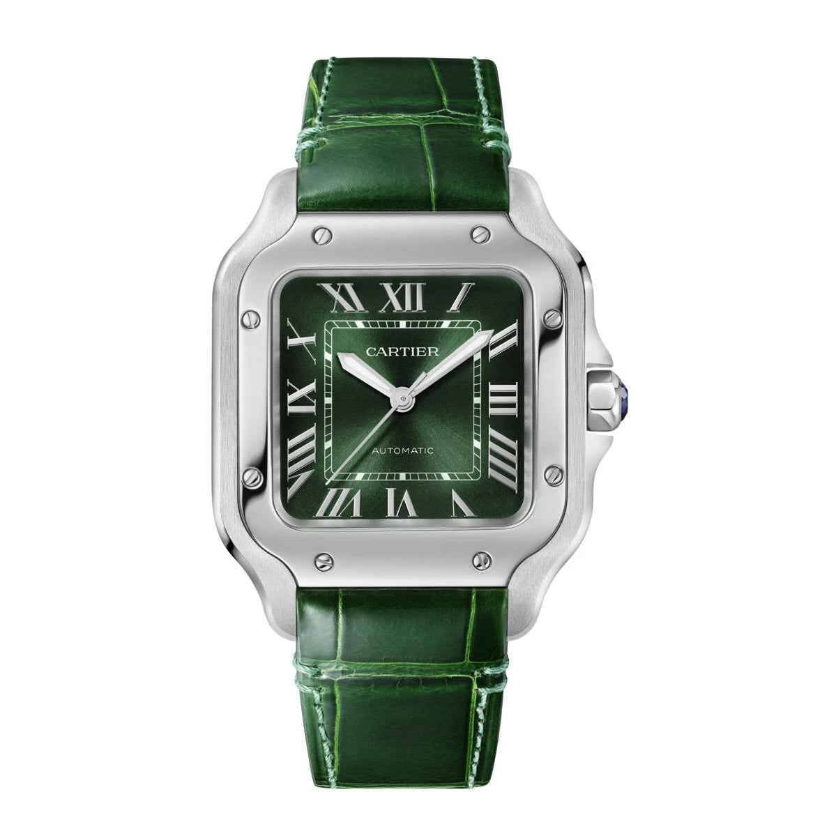 Car-tier Santos "Smoky Green" Dial Automatic Stainless Steel Genuine Leather Strap Men’s Watch