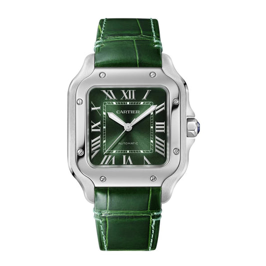 Car-tier Santos "Smoky Green" Dial Automatic Stainless Steel Genuine Leather Strap Men’s Watch